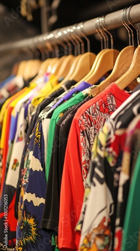 Colorful array of vibrant clothing on wooden hangers in a closet or retail store, showcasing diverse patterns and styles for fashion-conscious shoppers. photo