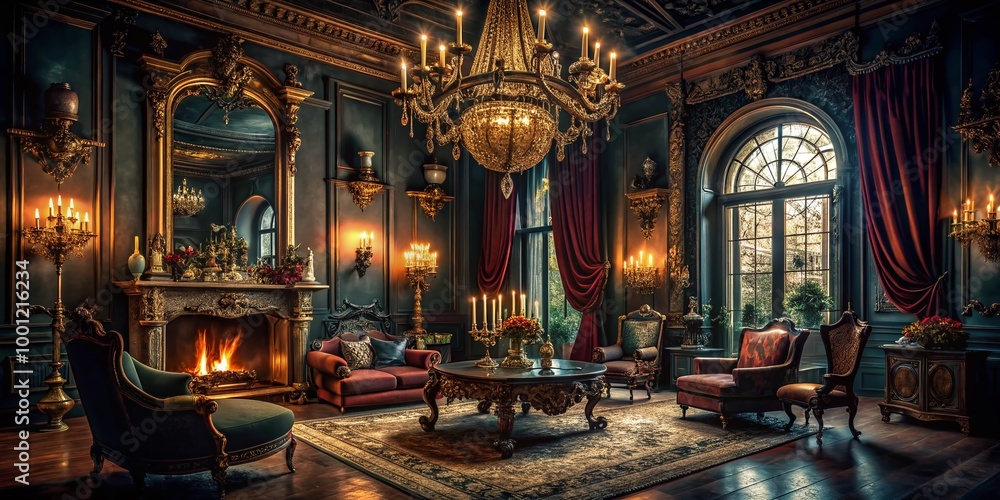 Obraz premium Ominous, dimly lit, luxurious mansion interior with ornate chandeliers, velvet drapes, and lavish furnishings, setting