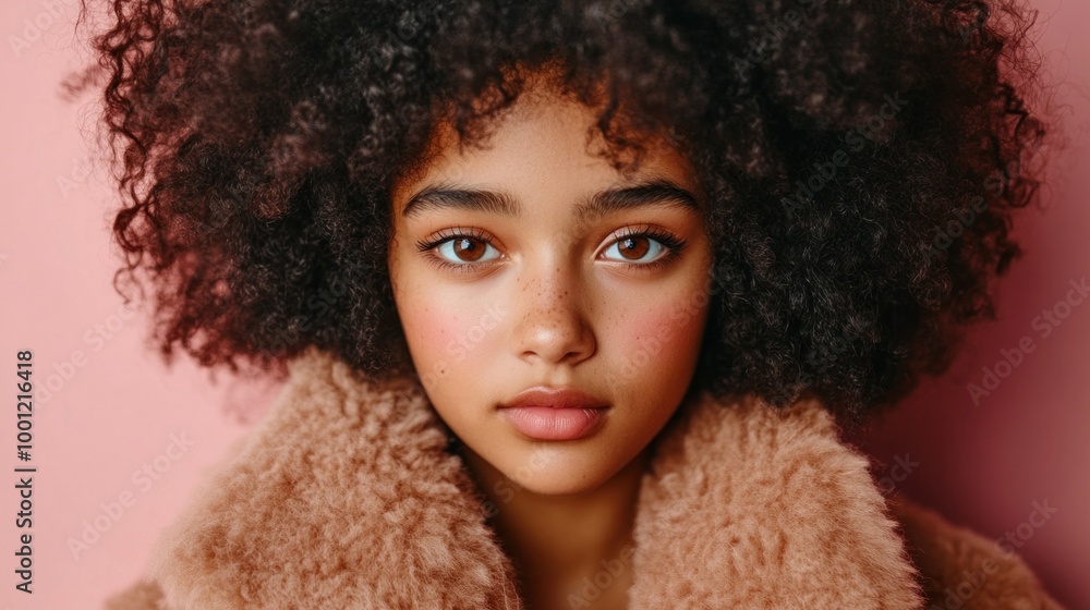 Biracial girl with curly afro and tooth gem in furry coat representing Gen Z fashion and style Biracial girl with curly afro and tooth gem in furry coat representing Gen Z fashion and style