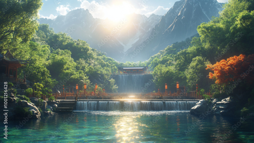 Fototapeta premium Serene Mountain Landscape with Waterfall and Traditional Asian Architecture