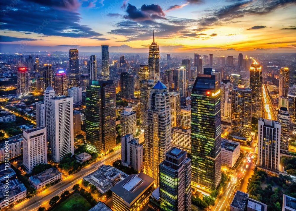 Obraz premium Panoramic aerial view of a bustling metropolis at dusk, with towering skyscrapers, busy streets, and vibrant lights