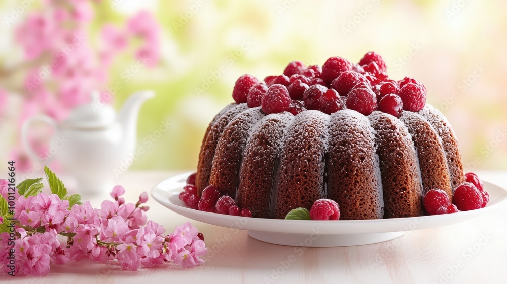 A delectable chocolate cake garnished with raspberries and powdered sugar, displayed alongside vibrant spring flowers. A delectable chocolate cake garnished with raspberries and powdered sugar, displayed alongside vibrant spring flowers.