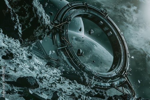 Fototapeta Naklejka Na Ścianę i Meble -  A large, futuristic space station ring stands on a rocky, alien landscape with a distant planet visible in the sky.