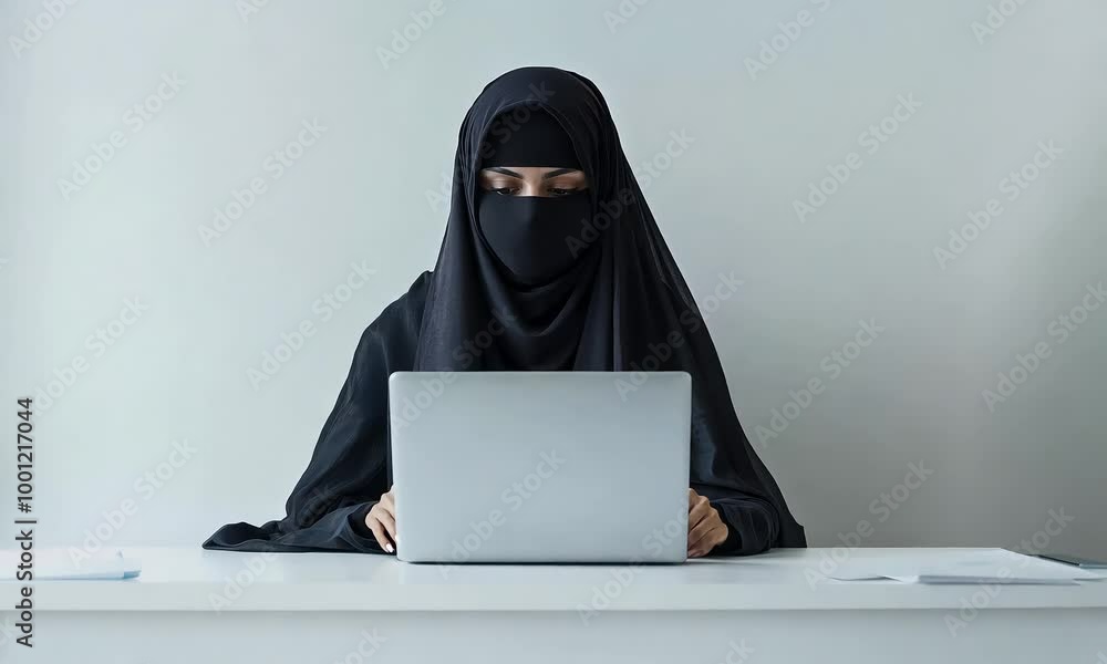 A woman in a black hijab works on a laptop at a desk, focused on her task. A woman in a black hijab works on a laptop at a desk, focused on her task.