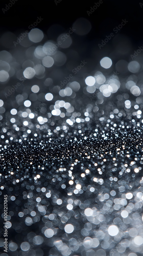 Fototapeta premium A close-up of silver glitter, scattered on a black background, with a shallow depth of field