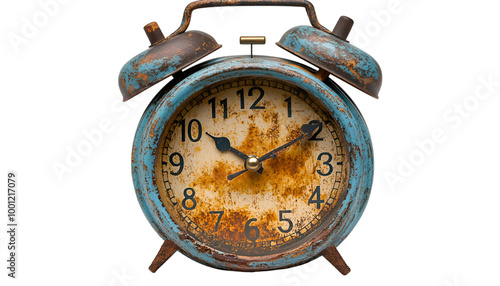 a rusty alarm clock with bells. 