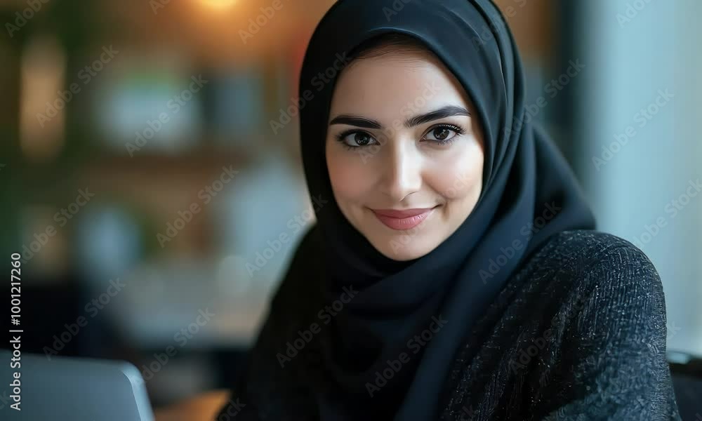 A woman in a hijab sits at a laptop, focused and poised in a modern workspace. A woman in a hijab sits at a laptop, focused and poised in a modern workspace.