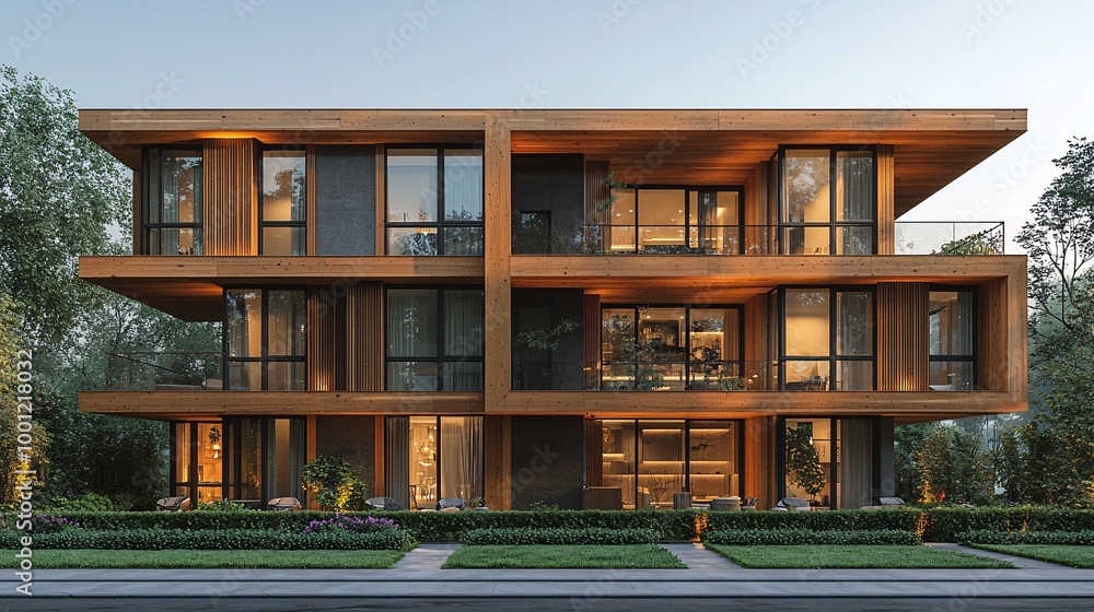 Visualize a permeable facade apartment in Tehran, with timber cladding, geometric designs, and bright afternoon sunlight Visualize a permeable facade apartment in Tehran, with timber cladding, geometric designs, and bright afternoon sunlight