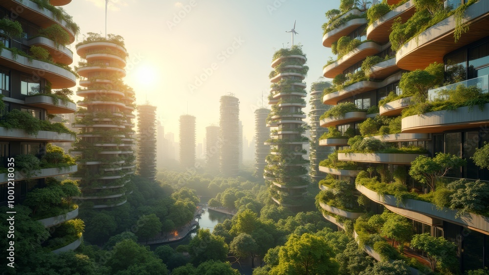 Obraz premium Generative AI, a city with a lot of trees growing on it's sides and buildings in the background with a sun setting, solarpunk, a digital rendering, futurism