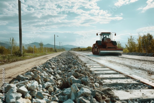 A heavy-duty construction vehicle is hard at work, smoothing a new road amidst a scenic, mountainous backdrop under a bright sky.