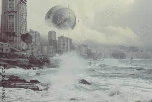 A dramatic blend of large pounding waves and a storm engulfing a modern coastal cityscape, mixed with a surreal sky.