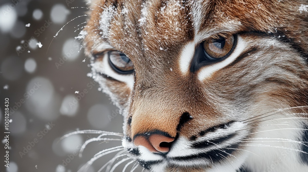 Obraz premium Close-Up of Lynx Face with Snowflakes Falling