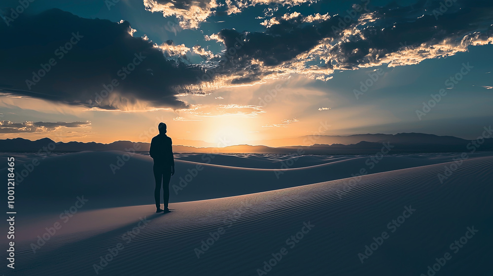 A striking silhouette of a person set against the vast, surreal dunes of White Sands National Park, New Mexico. Generative AI A striking silhouette of a person set against the vast, surreal dunes of White Sands National Park, New Mexico. Generative AI