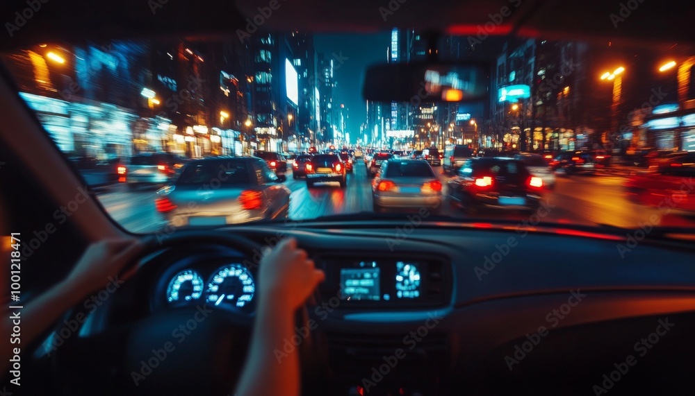 Night Drive in the City. City Lights from the Driver's Seat. Traffic Jam at Night. Road congestion in the city at night. Night Drive in the City. City Lights from the Driver's Seat. Traffic Jam at Night. Road congestion in the city at night.