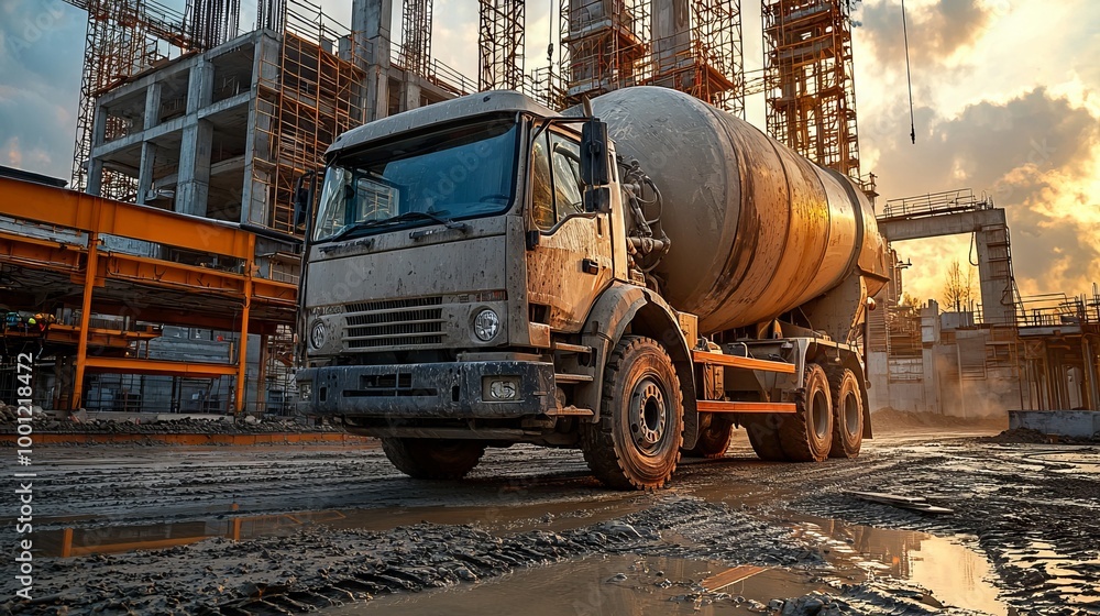Fototapeta premium Cement truck on a construction site with unfinished buildings