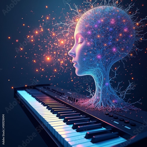 AI generated music, neuronal network and keyboard notes interlacing. Fusion of technology and art. Inviting emotion, abstract illustration. photo