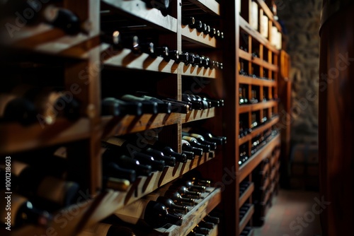 A cozy wine cellar with rows of shelves, fully stocked with wine bottles, evoking a sense of warmth and richness.
