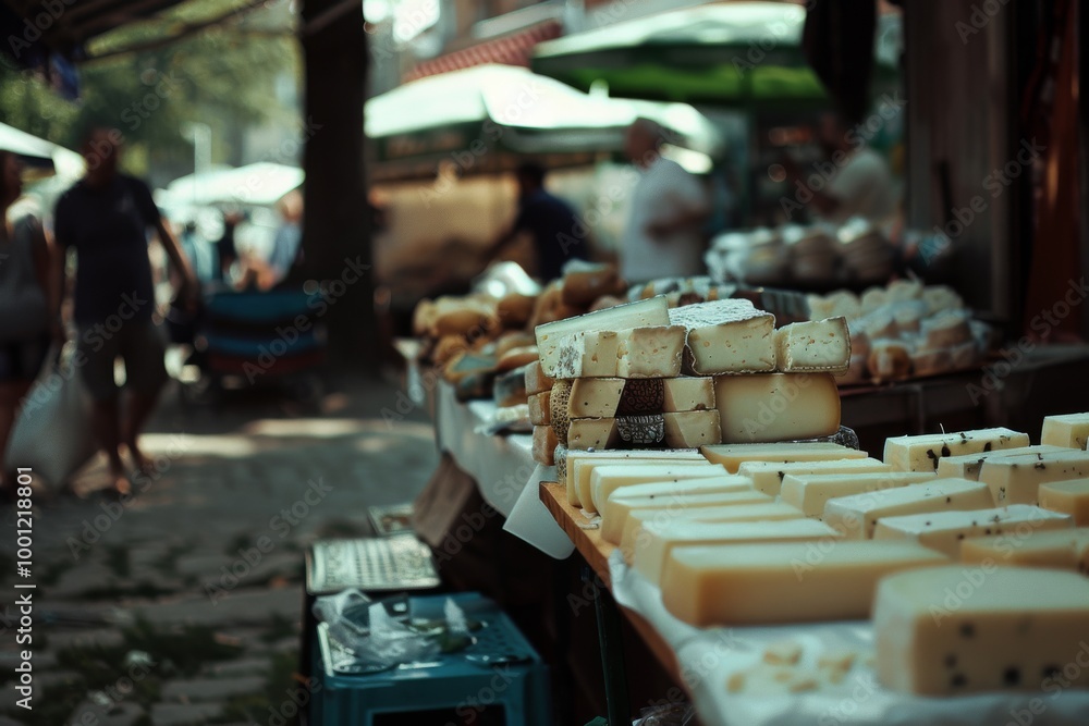 A vibrantly lit outdoor market scene showcasing an array of cheeses and crowded with busy shoppers browsing various food stalls. A vibrantly lit outdoor market scene showcasing an array of cheeses and crowded with busy shoppers browsing various food stalls.