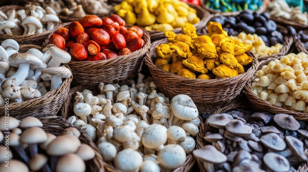 A variety of colorful gourmet mushrooms are displayed in baskets. A juicy style with a clean and bright background. By emphasizing unique textures and shapes. A variety of colorful gourmet mushrooms are displayed in baskets. A juicy style with a clean and bright background. By emphasizing unique textures and shapes.