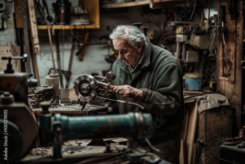 Wallpaper Mural An elderly craftsman hones a piece of wood with precision in a dim workshop, surrounded by elaborate tools and mechanical devices. Torontodigital.ca
