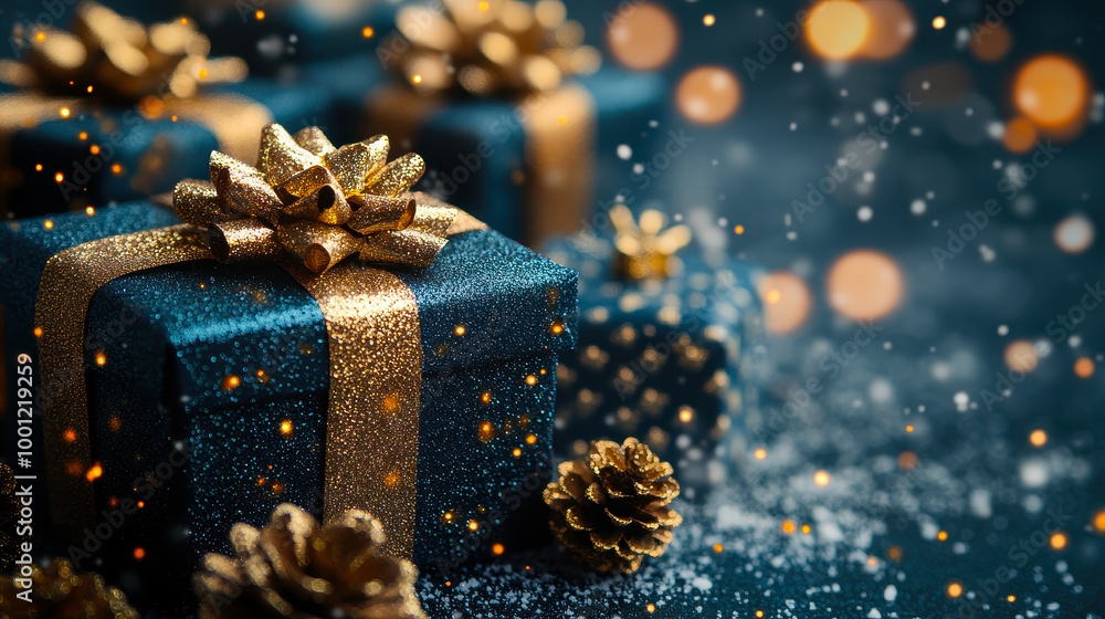 Blue Christmas Gift Boxes with Gold Bow on Blue Defocused Holiday Background Featuring Festive Pine Cones and Falling Snowflakes, Perfect Holiday Decoration and Celebration Scene Blue Christmas Gift Boxes with Gold Bow on Blue Defocused Holiday Background Featuring Festive Pine Cones and Falling Snowflakes, Perfect Holiday Decoration and Celebration Scene