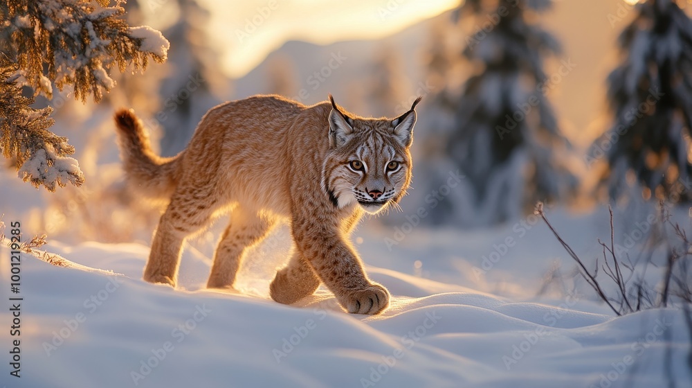 Lynx Walking Through Snowy Landscape at Sunset Lynx Walking Through Snowy Landscape at Sunset