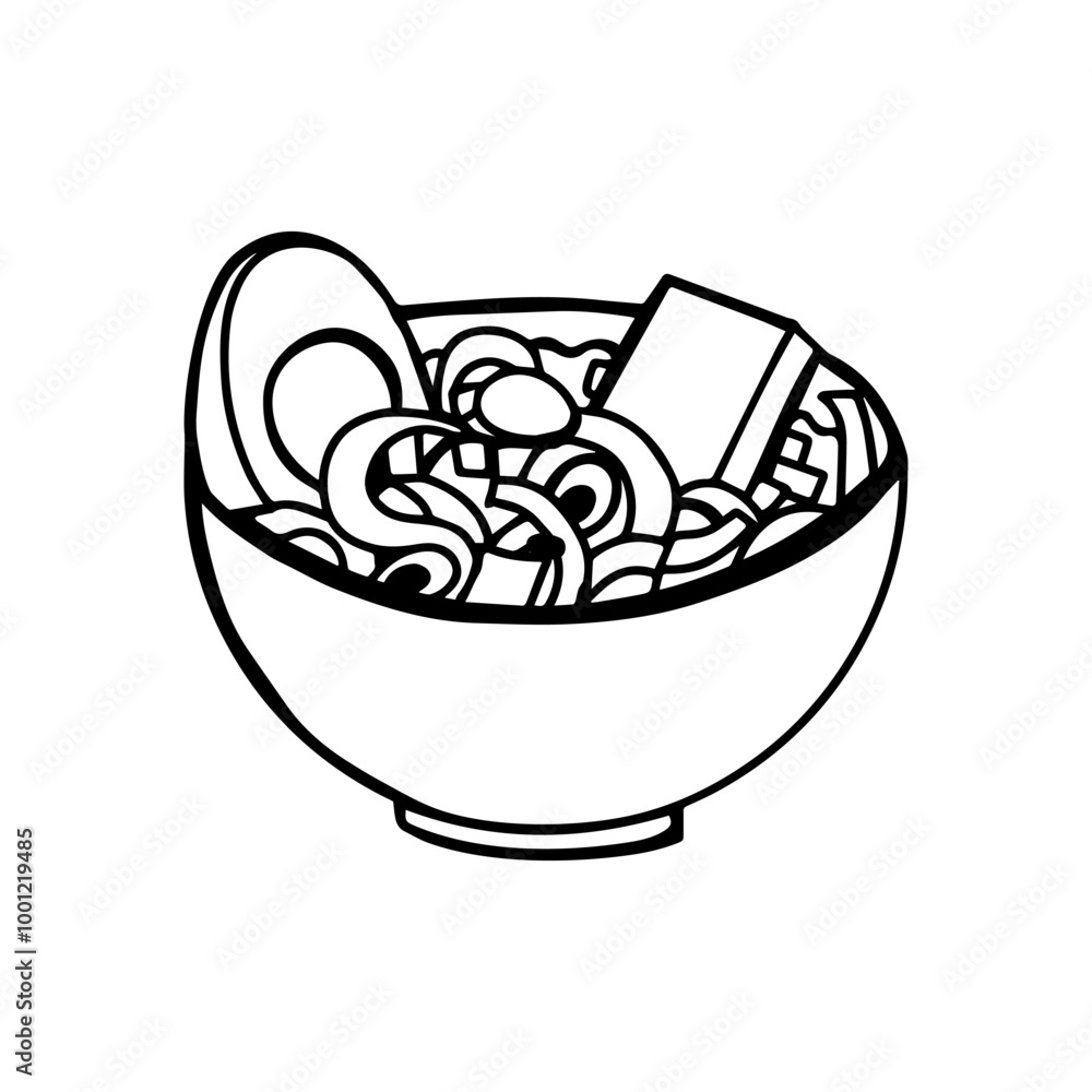 A black-and-white illustration of a ramen bowl filled with noodles, tofu, and a boiled egg, representing traditional Asian cuisine. A black-and-white illustration of a ramen bowl filled with noodles, tofu, and a boiled egg, representing traditional Asian cuisine.