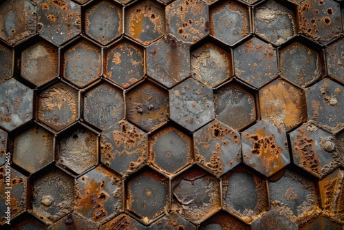 Detailed view of rusty hexagonal plates, showcasing the vibrant textures and intricate decay patterns with earthy tones.