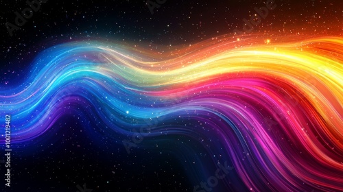 Creative black background with rainbow flare overlay. Colorful streaks of light, vibrant colors on background