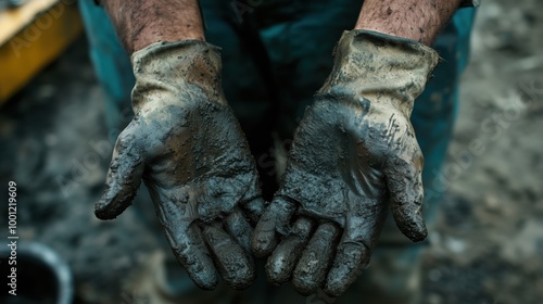 Two gloved hands covered in mud, symbolizing the dedication and hard work of a tireless worker in a gritty environment. photo