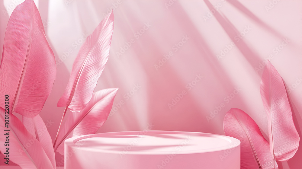 Pink podium with gold lines for product display and leaves on top. Cosmetic product display, pink silver frame leaves on branches Pink podium with gold lines for product display and leaves on top. Cosmetic product display, pink silver frame leaves on branches