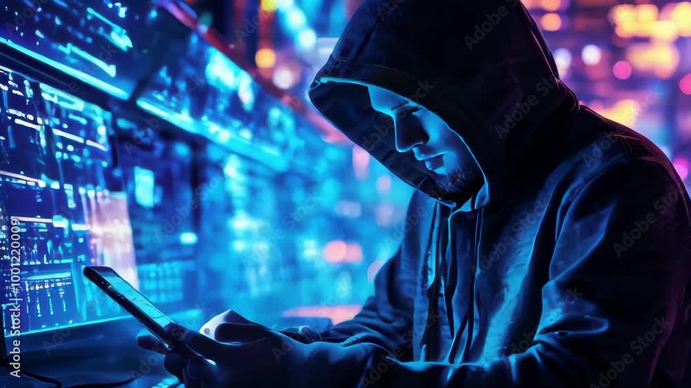 A hooded man sits at a computer, looking at his phone. The background is a monitor displaying a visualization of code. The scene is lit with blue light.. AI Generation A hooded man sits at a computer, looking at his phone. The background is a monitor displaying a visualization of code. The scene is lit with blue light.. AI Generation