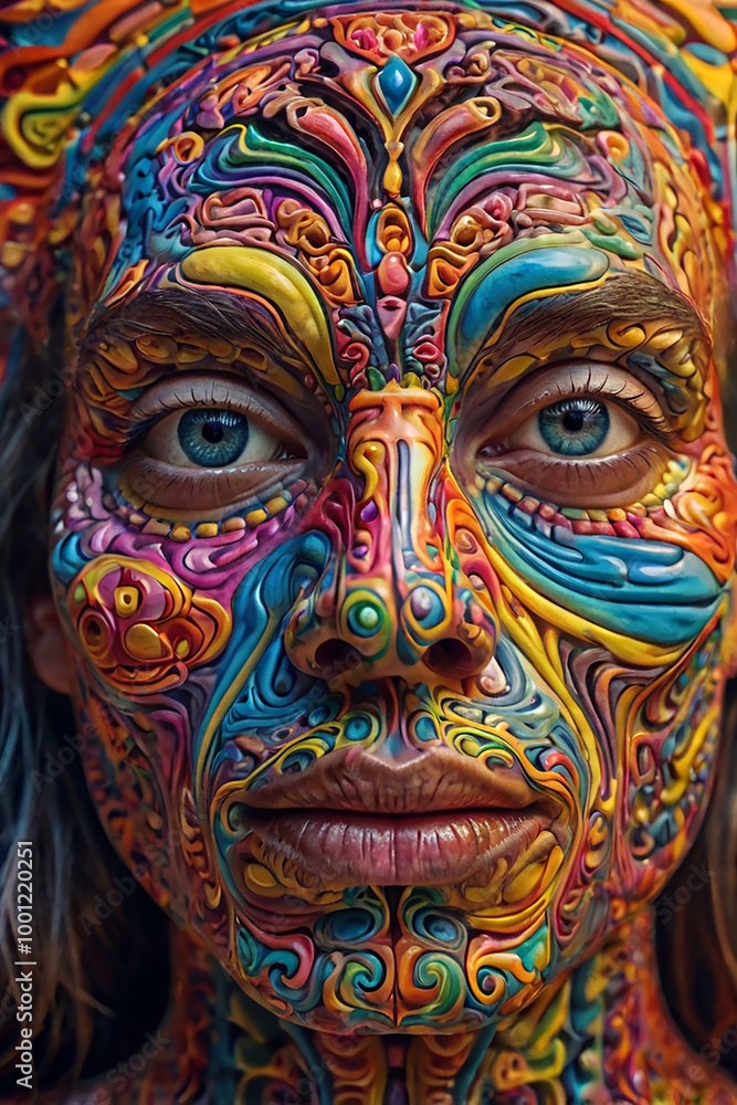 colourfully detailed human face looking at the front illustration with colourful pattern embossed textured body paint on skin colourfully detailed human face looking at the front illustration with colourful pattern embossed textured body paint on skin