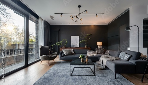 Elegant, dark-themed living room interior with space for customization photo