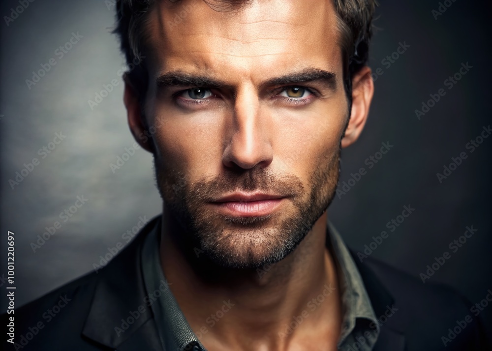 Fototapeta premium Ruggedly handsome male face with strong jawline and defined facial features, adorned with a thick, dark five o'clock