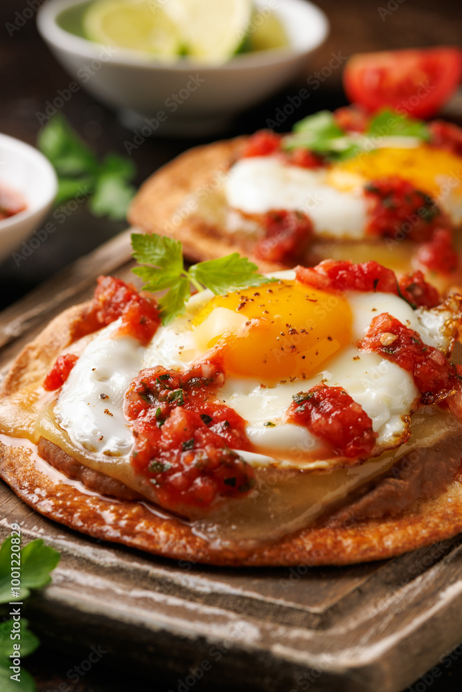 Huevos Rancheros tostadas with fried egg, tomato salsa, bean paste and cheese on wooden board Huevos Rancheros tostadas with fried egg, tomato salsa, bean paste and cheese on wooden board