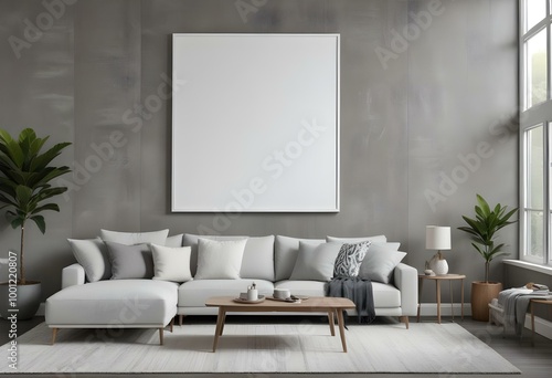 A modern living room with a large white framed artwork hanging on a gray wooden wall. The room features a comfortable gray sectional sofa.