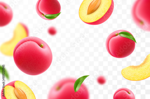 Flying ripe plum. Bright advertising background falling juicy sweet plums, realistic illustration with blurred effect. 3d vector design for advertising banners and web page design