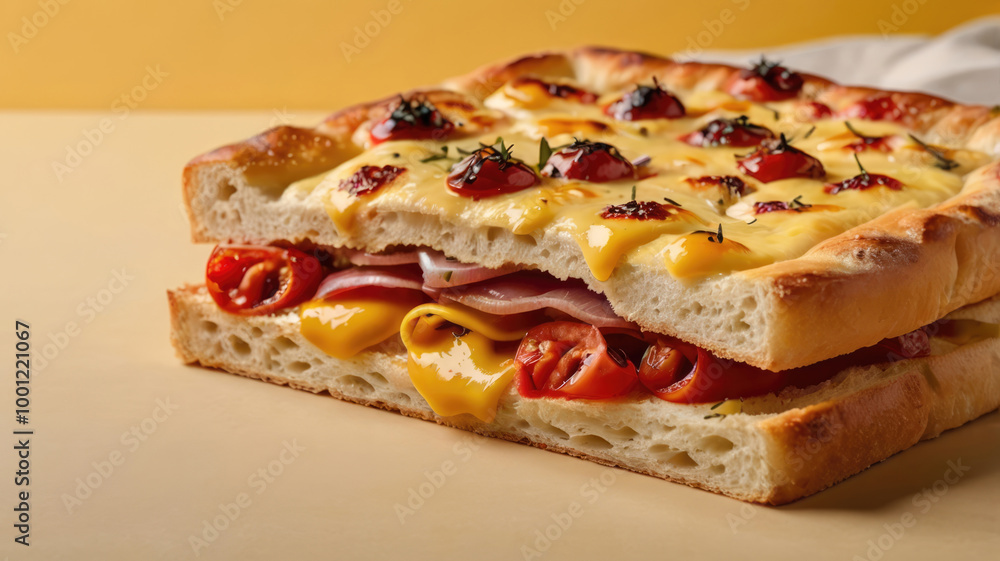 Delicious Italian Focaccia Bread with Rosemary on Yellow Background for Text. Delicious Italian Focaccia Bread with Rosemary on Yellow Background for Text.