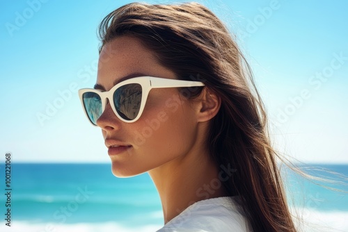 A woman stands by the ocean, wearing sunglasses and feeling the breeze, embodying a relaxed beach atmosphere