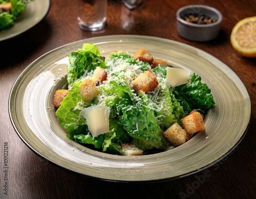 Fresh Caesar salad with rich toppings, presented appealingly