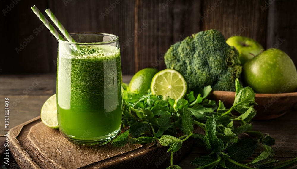 Fototapeta premium Fresh green juice displayed on a rustic background