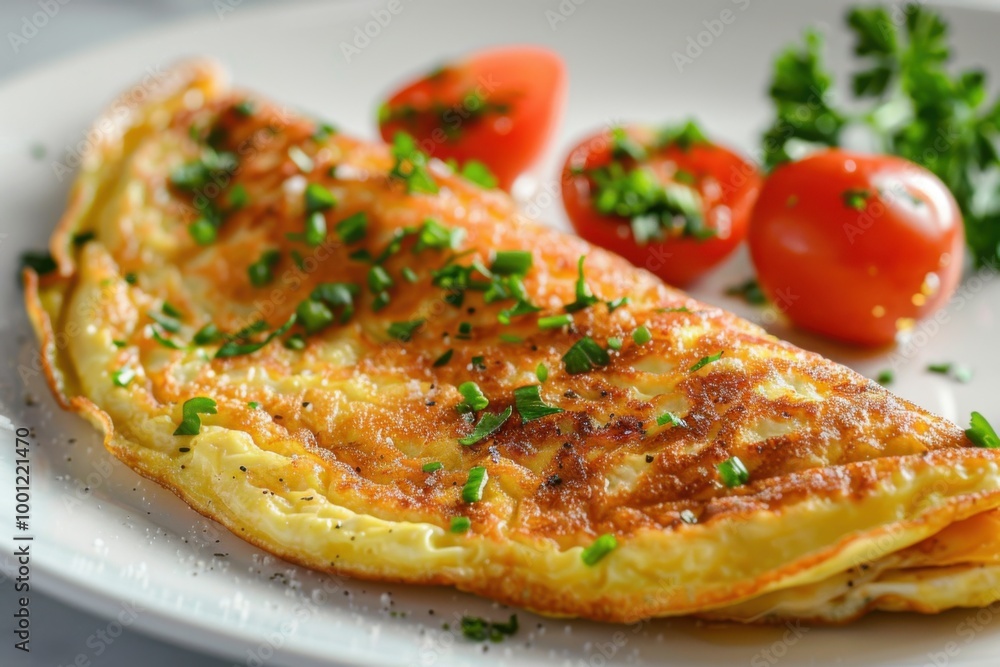 Fluffy gourmet omelette with fresh cherry tomatoes and herbs for a perfect breakfast Fluffy gourmet omelette with fresh cherry tomatoes and herbs for a perfect breakfast