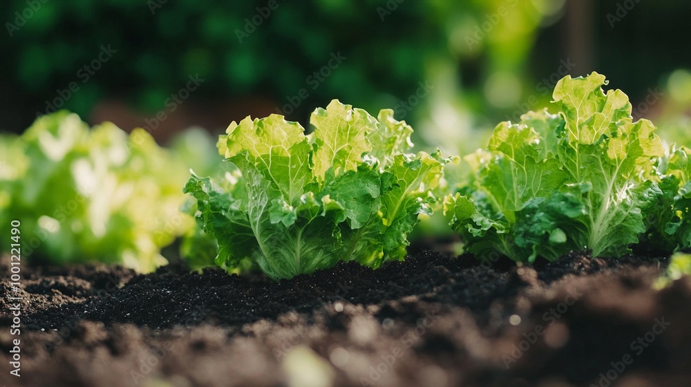 Fresh green lettuce plants growing in rich, dark soil in a garden. Close-up view showcases the crisp leaves and fertile earth, epitomizing organic farming. Fresh green lettuce plants growing in rich, dark soil in a garden. Close-up view showcases the crisp leaves and fertile earth, epitomizing organic farming.