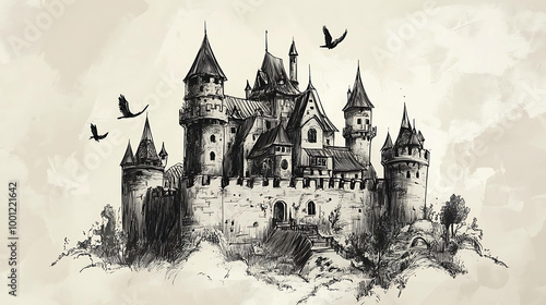 A hand-drawn illustration of an old, stone castle with multiple towers and a drawbridge.