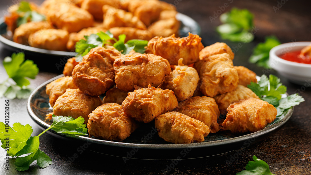 Homemade crispy fried chicken nuggets served with ketchup Homemade crispy fried chicken nuggets served with ketchup