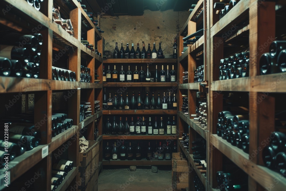 Wooden shelves in a cellar are filled with a wide variety of wine bottles, creating an atmosphere of luxury and tradition. Wooden shelves in a cellar are filled with a wide variety of wine bottles, creating an atmosphere of luxury and tradition.