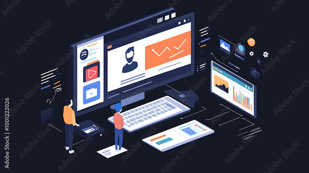 Two people working on an online platform using desktop computer and mobile device. Two people working on an online platform using desktop computer and mobile device.