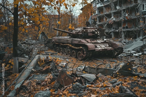 A rusted tank amidst the ruins of a war-torn urban landscape, set against the backdrop of autumn leaves and broken buildings.