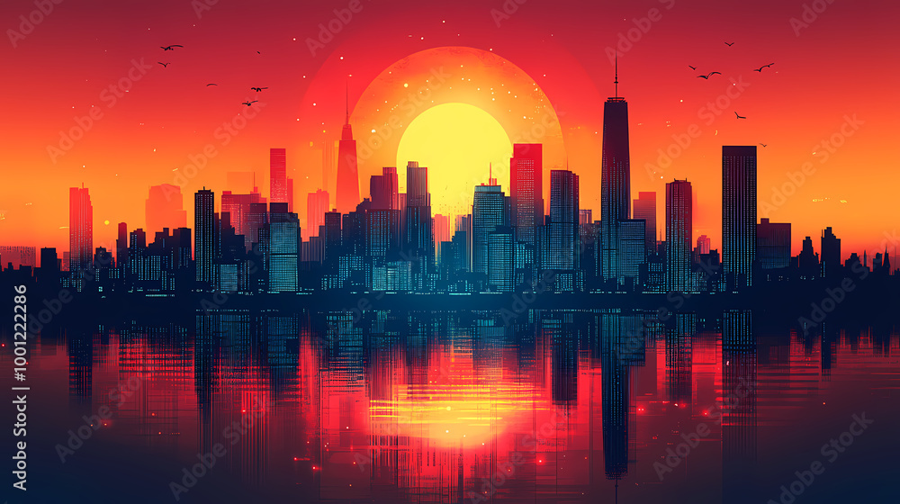 A clean flat-style illustration of a city skyline A clean flat-style illustration of a city skyline